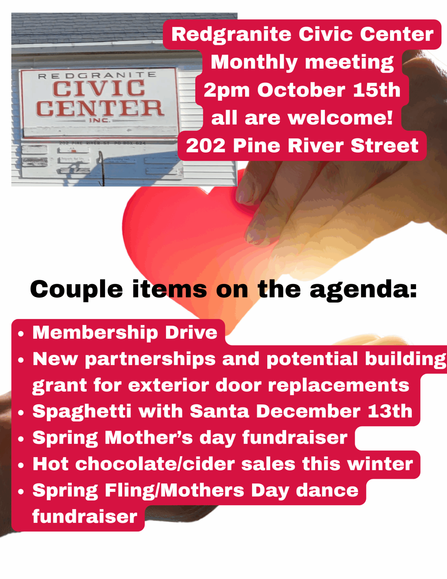 Civic Center Monthly Meeting Oct 15th 2pm At the Civic center:202 Pine River Street